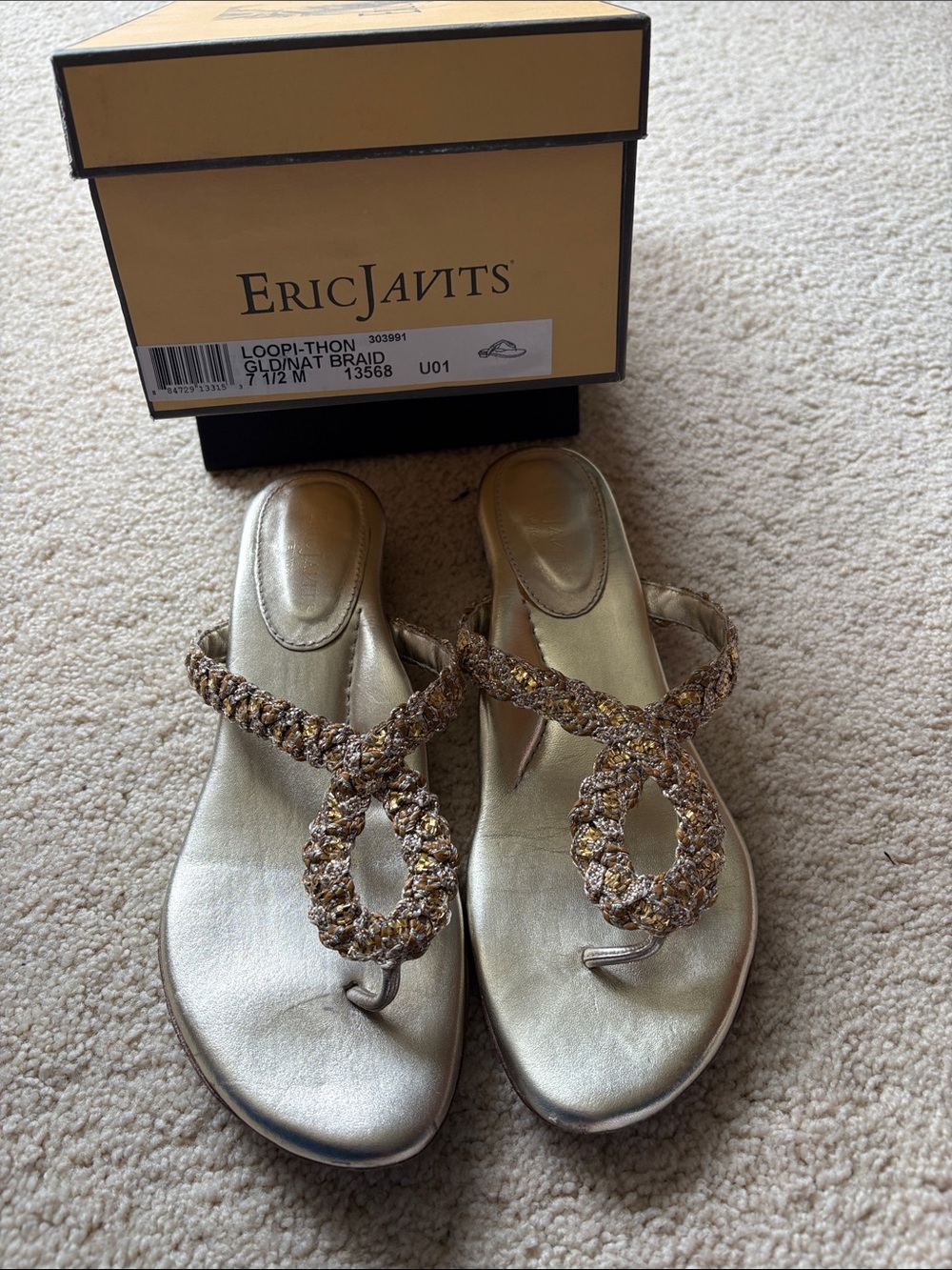 Eric Javits Metallic Gold Braided Loop Sandals